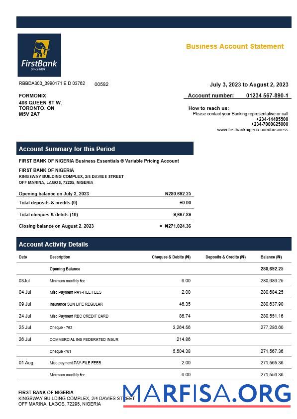 Realistic First Bank of Nigeria firm account statement Word and PDF template